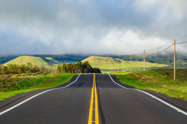 an empty highway straight ahead to the mountains in big island, hawaii